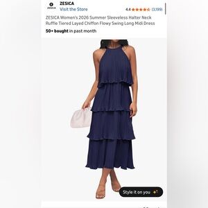 Navy Sleeveless Halter Tiered Midi Dress